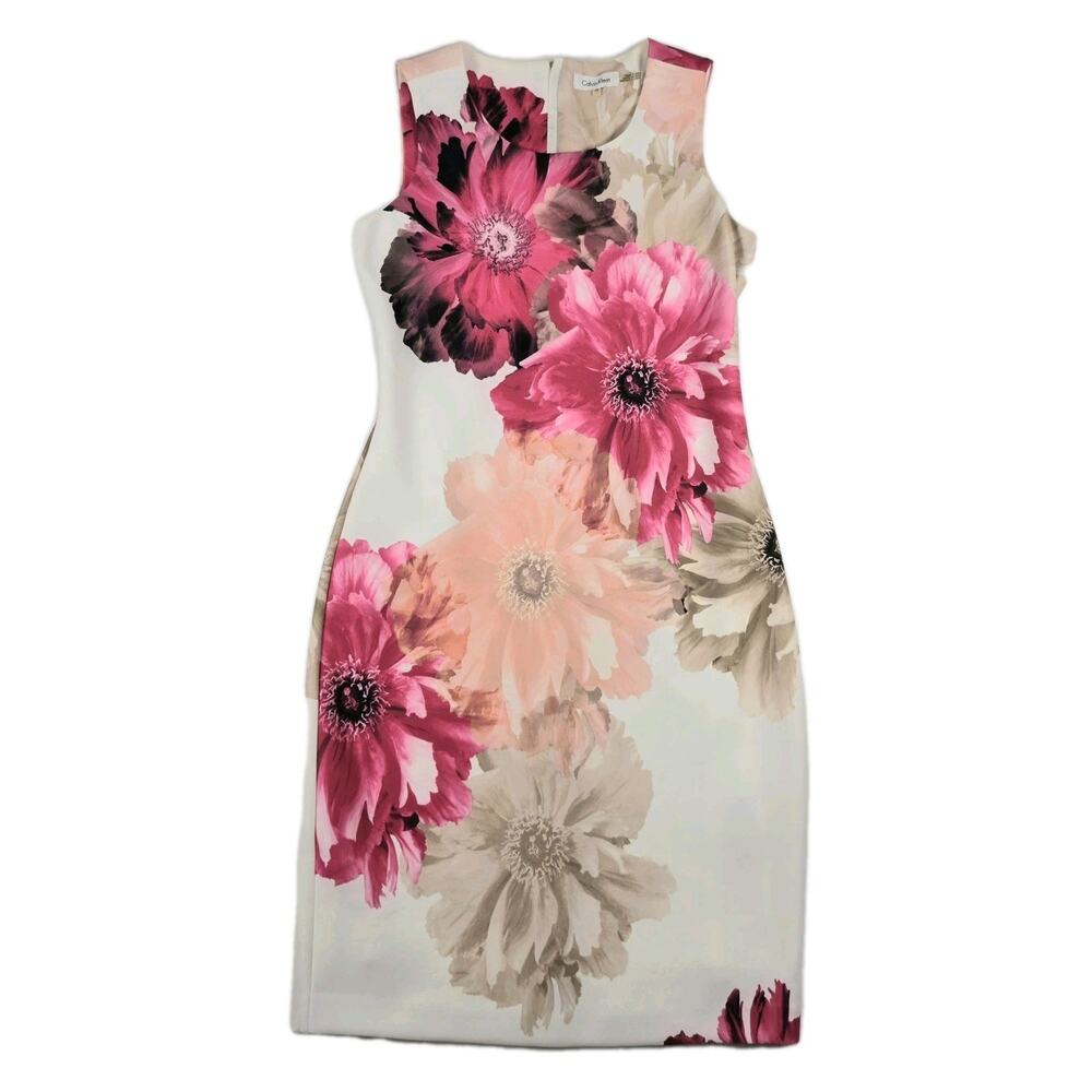 Calvin Klein Women's Size 10 Floral Scuba Sheath Dress Pink Tan White